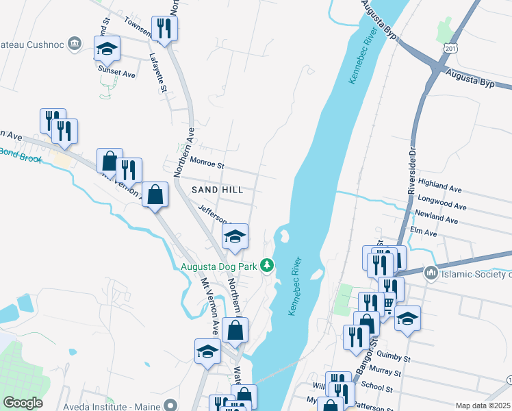 map of restaurants, bars, coffee shops, grocery stores, and more near 59 Washington Street in Augusta