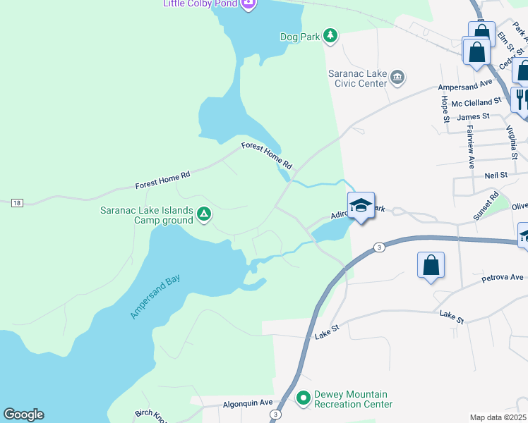 map of restaurants, bars, coffee shops, grocery stores, and more near 10 Bayside Drive in Saranac Lake