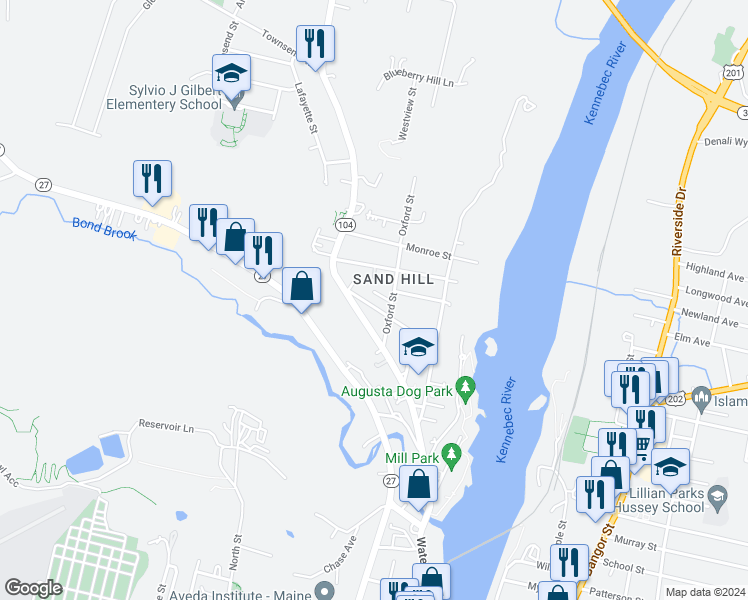 map of restaurants, bars, coffee shops, grocery stores, and more near 39 Jefferson Street in Augusta