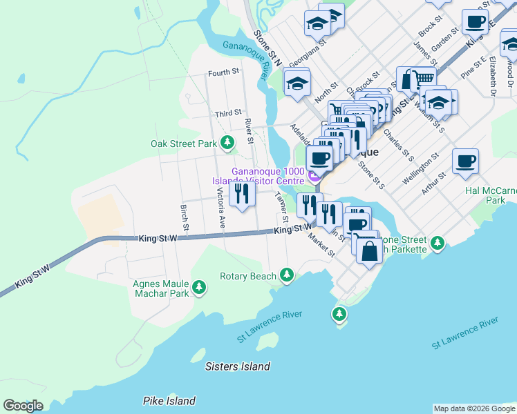 map of restaurants, bars, coffee shops, grocery stores, and more near 65 Hickory Street in Gananoque