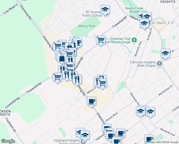 map of restaurants, bars, coffee shops, grocery stores, and more near 121 Haden Avenue in Peterborough