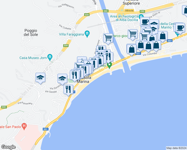 map of restaurants, bars, coffee shops, grocery stores, and more near Lungomare degli Artisti in Albissola Marina