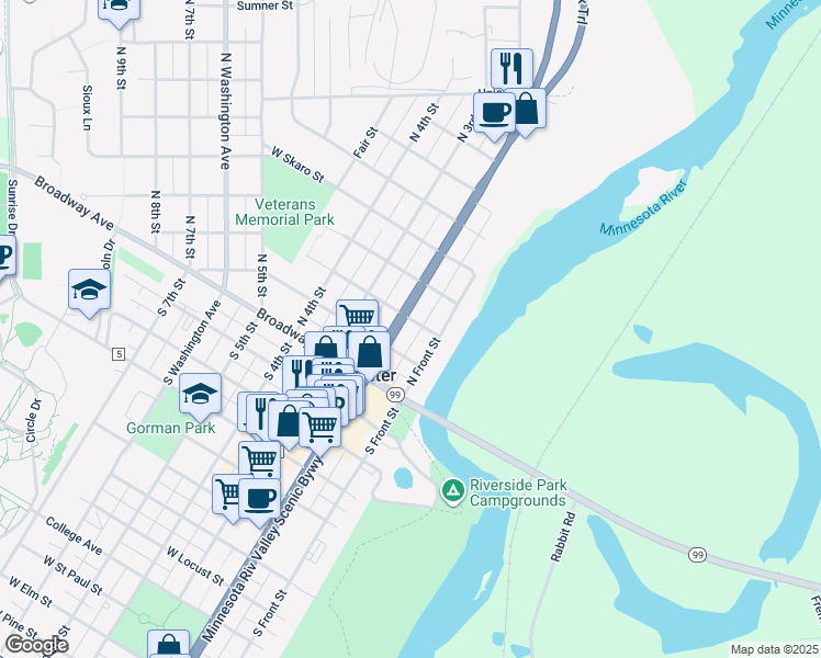 map of restaurants, bars, coffee shops, grocery stores, and more near 105 West Chestnut Street in Saint Peter