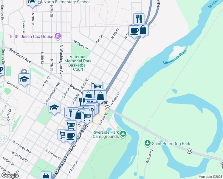 map of restaurants, bars, coffee shops, grocery stores, and more near 105 West Chestnut Street in Saint Peter