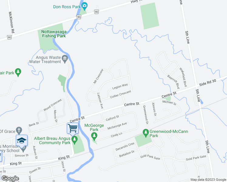 map of restaurants, bars, coffee shops, grocery stores, and more near 33 Legion Way in Angus