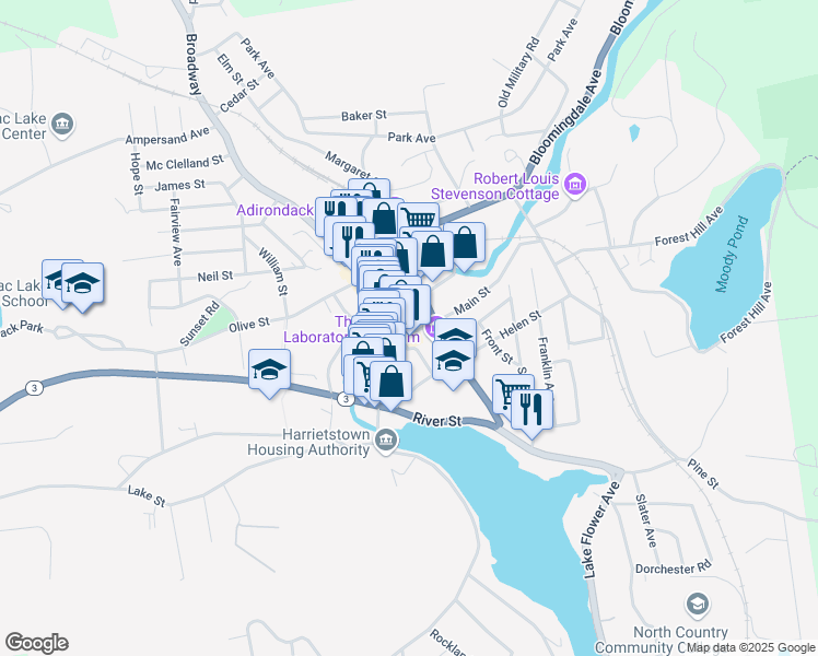 map of restaurants, bars, coffee shops, grocery stores, and more near 20 Academy St in Saranac Lake