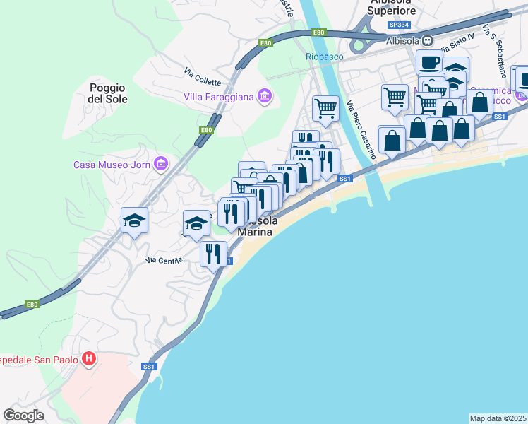 map of restaurants, bars, coffee shops, grocery stores, and more near Lungomare degli Artisti in Albissola Marina