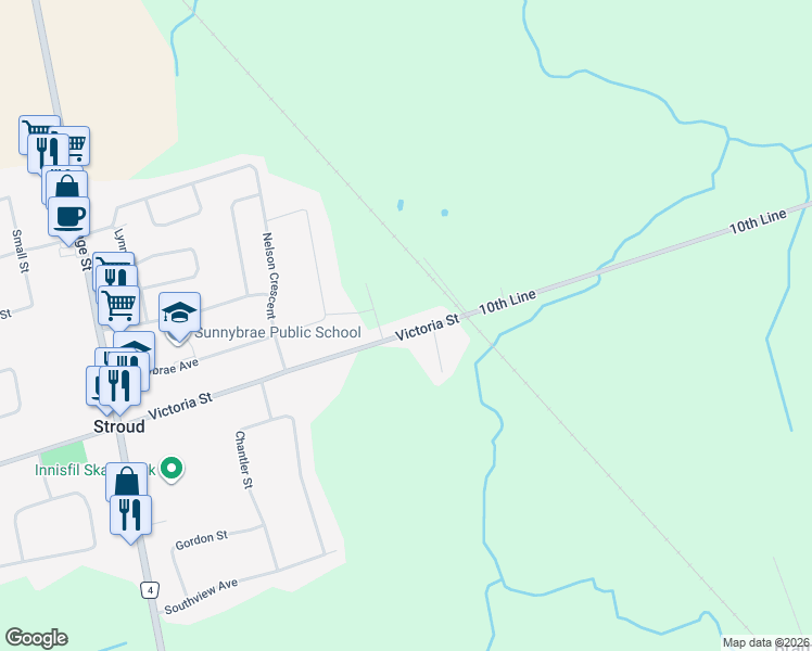map of restaurants, bars, coffee shops, grocery stores, and more near 1990 Victoria Street in Innisfil