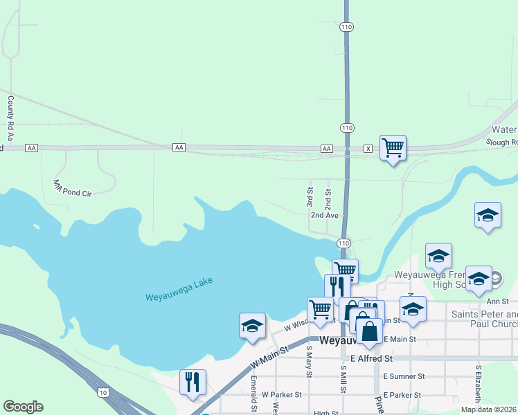 map of restaurants, bars, coffee shops, grocery stores, and more near 313 2nd Avenue in Weyauwega