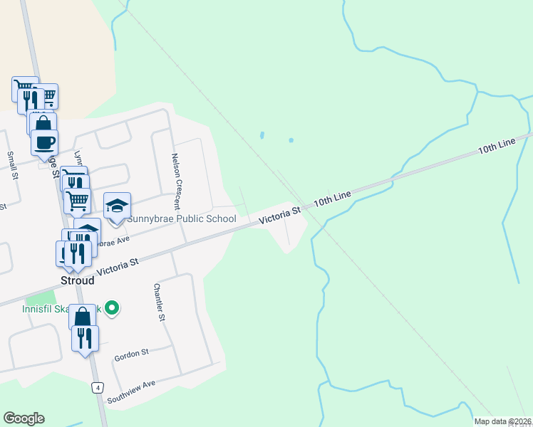 map of restaurants, bars, coffee shops, grocery stores, and more near 1990 Victoria Street in Innisfil