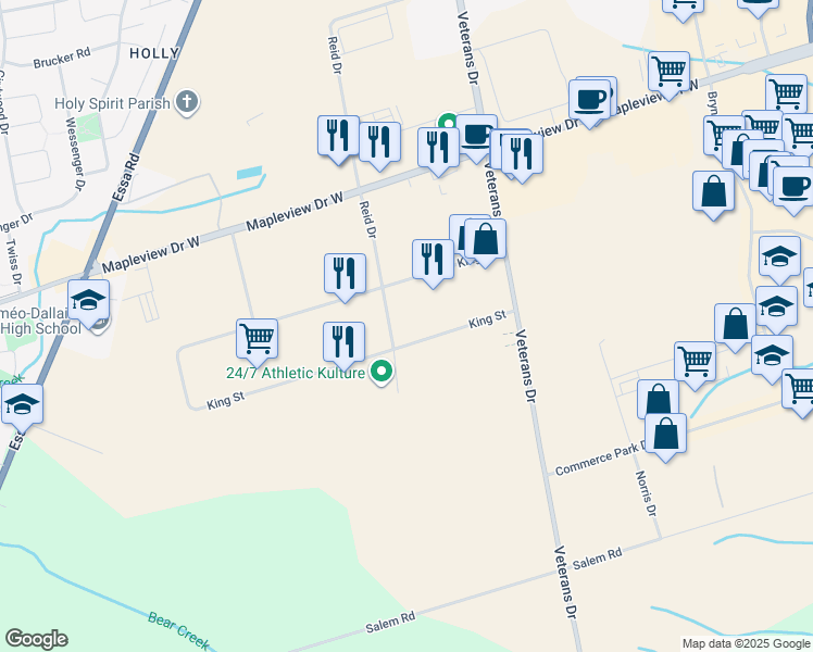 map of restaurants, bars, coffee shops, grocery stores, and more near 341 King Street in Barrie
