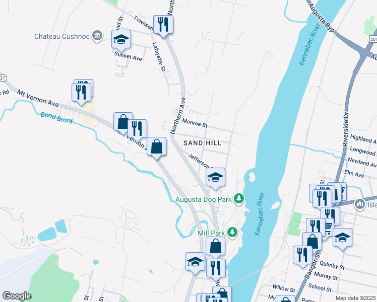 map of restaurants, bars, coffee shops, grocery stores, and more near 40 Franklin Street in Augusta