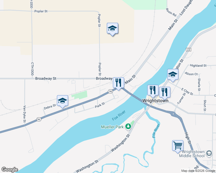 map of restaurants, bars, coffee shops, grocery stores, and more near 351 Broadway Street in Wrightstown