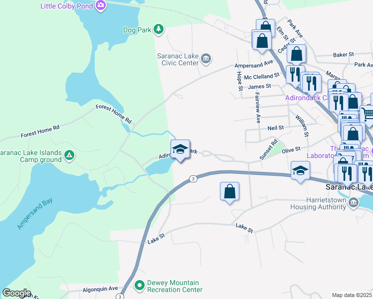 map of restaurants, bars, coffee shops, grocery stores, and more near Adirondack Park in Saranac Lake