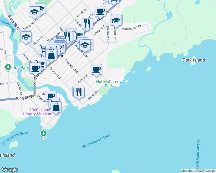 map of restaurants, bars, coffee shops, grocery stores, and more near 610 William Street South in Gananoque