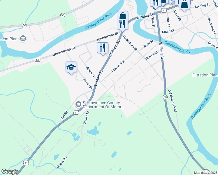 map of restaurants, bars, coffee shops, grocery stores, and more near 18 Reid St in Gouverneur