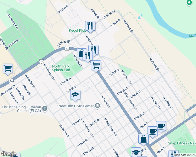 map of restaurants, bars, coffee shops, grocery stores, and more near 1515 North Broadway Stret in New Ulm