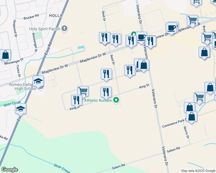 map of restaurants, bars, coffee shops, grocery stores, and more near 51 King Street in Barrie
