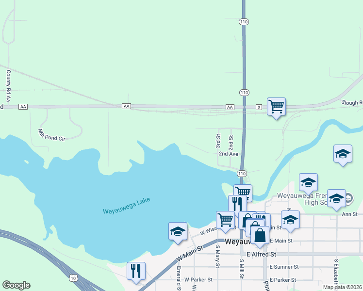 map of restaurants, bars, coffee shops, grocery stores, and more near 313 2nd Avenue in Weyauwega
