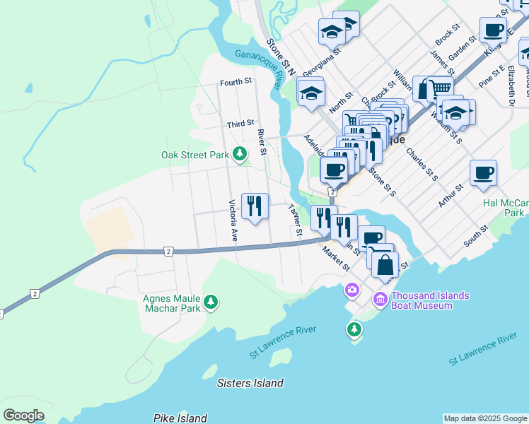 map of restaurants, bars, coffee shops, grocery stores, and more near 110 River Street in Gananoque