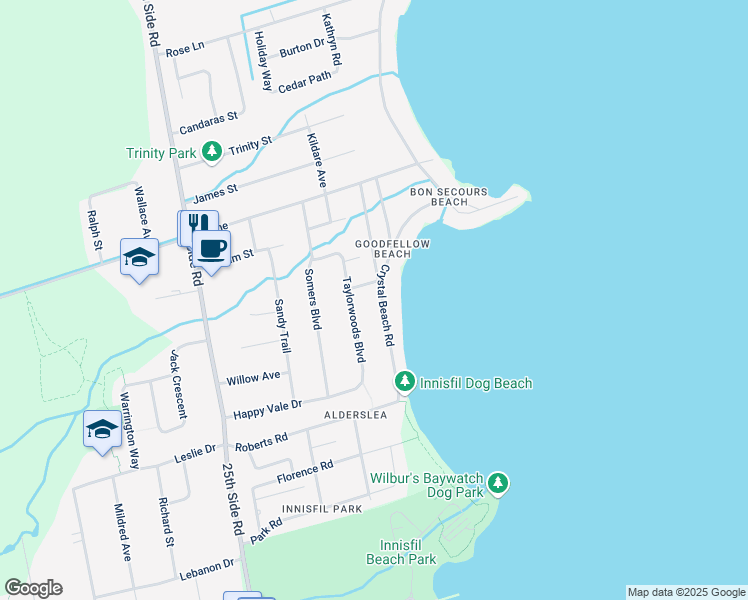 map of restaurants, bars, coffee shops, grocery stores, and more near 2319 Crystal Beach Road in Innisfil