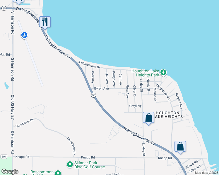 map of restaurants, bars, coffee shops, grocery stores, and more near 101 Dodge Avenue in Houghton Lake