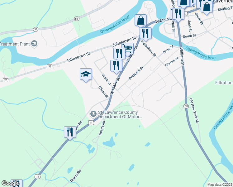 map of restaurants, bars, coffee shops, grocery stores, and more near 18 Reid St in Gouverneur