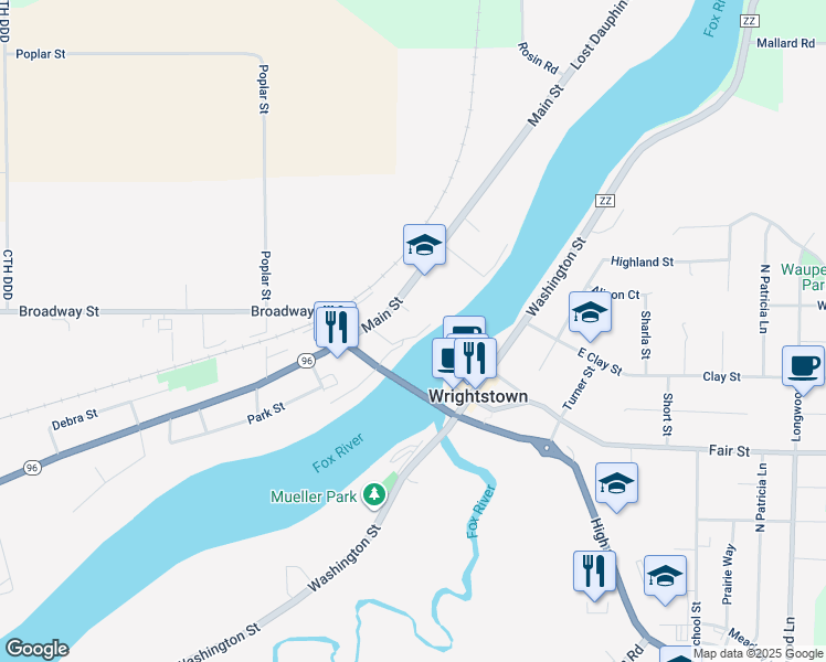 map of restaurants, bars, coffee shops, grocery stores, and more near 448 Hickory Street in Wrightstown