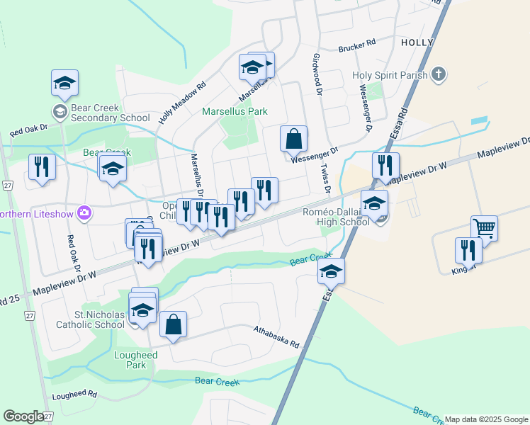 map of restaurants, bars, coffee shops, grocery stores, and more near 454 Mapleview Drive West in Barrie