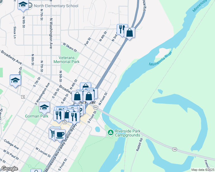 map of restaurants, bars, coffee shops, grocery stores, and more near 320 North Front Street in Saint Peter