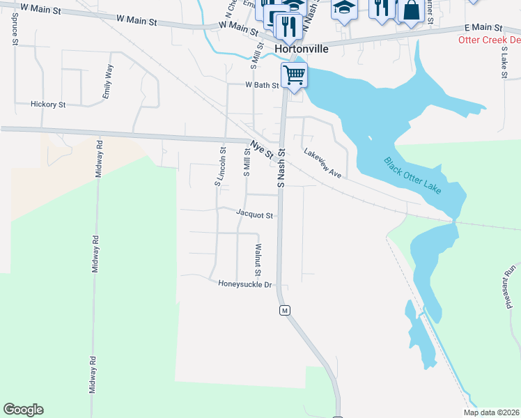 map of restaurants, bars, coffee shops, grocery stores, and more near 140 Baake Street in Hortonville