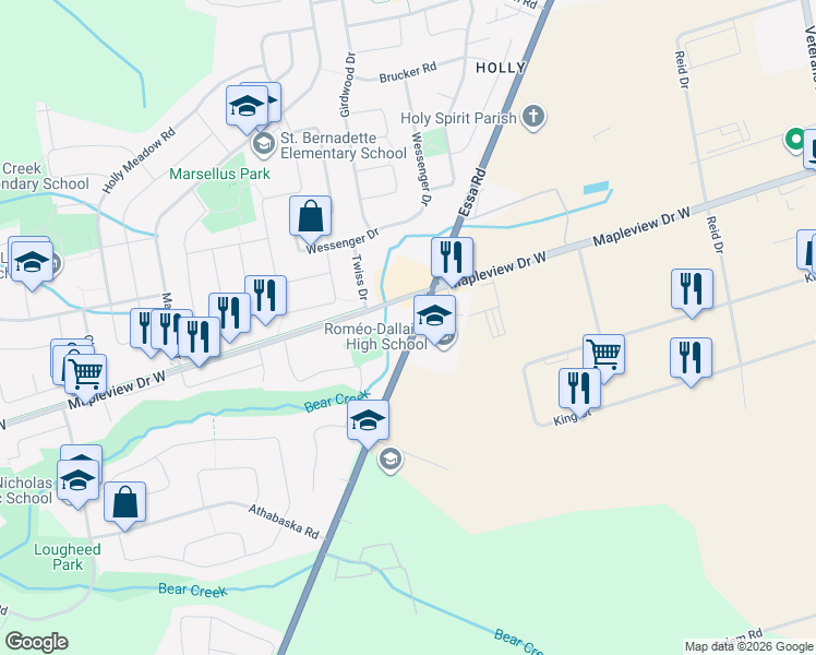 map of restaurants, bars, coffee shops, grocery stores, and more near 377 Mapleview Drive West in Barrie