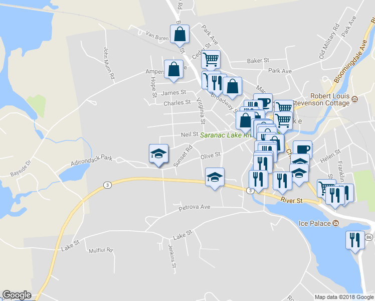 map of restaurants, bars, coffee shops, grocery stores, and more near 12 Sunset Road in Saranac Lake