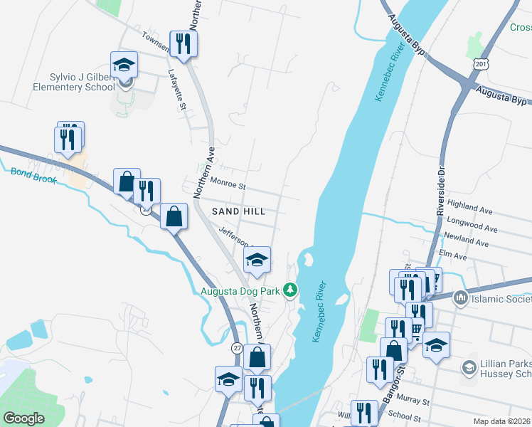 map of restaurants, bars, coffee shops, grocery stores, and more near 80 Washington Street in Augusta