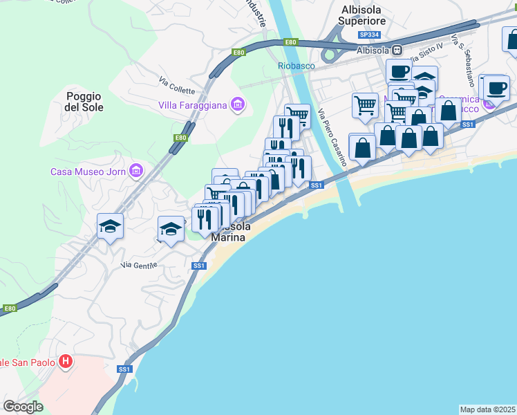 map of restaurants, bars, coffee shops, grocery stores, and more near 4 Via Garbarino in Albissola Marina