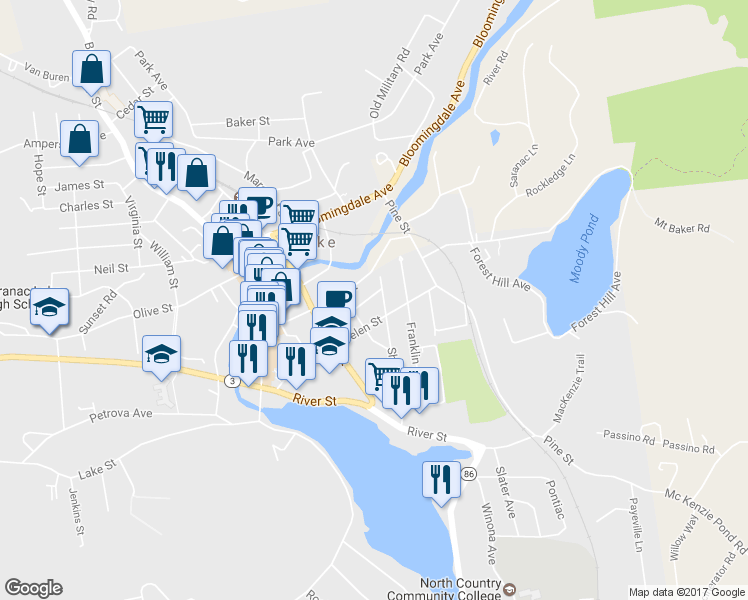 map of restaurants, bars, coffee shops, grocery stores, and more near 9 Prescott Place in Saranac Lake