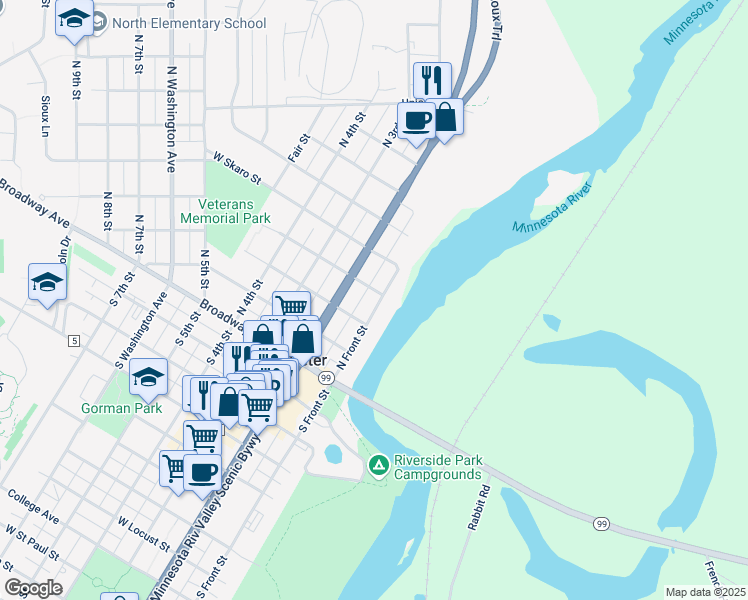 map of restaurants, bars, coffee shops, grocery stores, and more near 320 North Front Street in Saint Peter