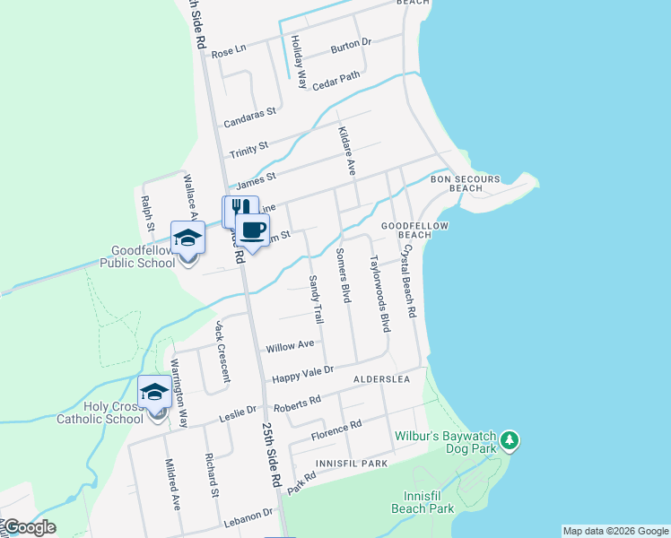 map of restaurants, bars, coffee shops, grocery stores, and more near 2338 Somers Boulevard in Innisfil