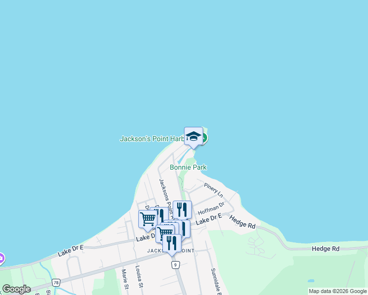 map of restaurants, bars, coffee shops, grocery stores, and more near 40 Malone Road in Georgina