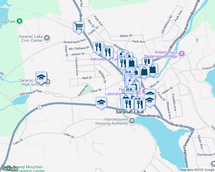 map of restaurants, bars, coffee shops, grocery stores, and more near 8 William Street in Saranac Lake