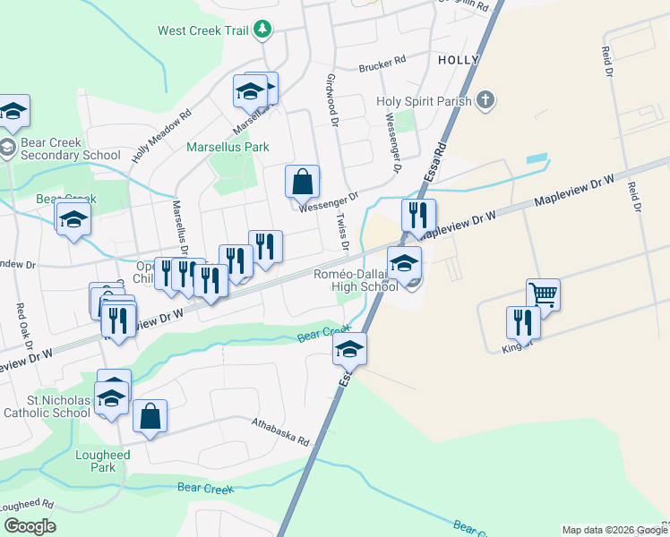 map of restaurants, bars, coffee shops, grocery stores, and more near 399 Mapleview Drive West in Barrie