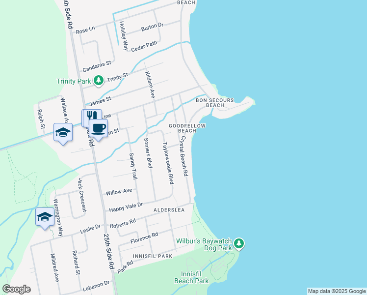map of restaurants, bars, coffee shops, grocery stores, and more near 2313 Crystal Beach Road in Innisfil