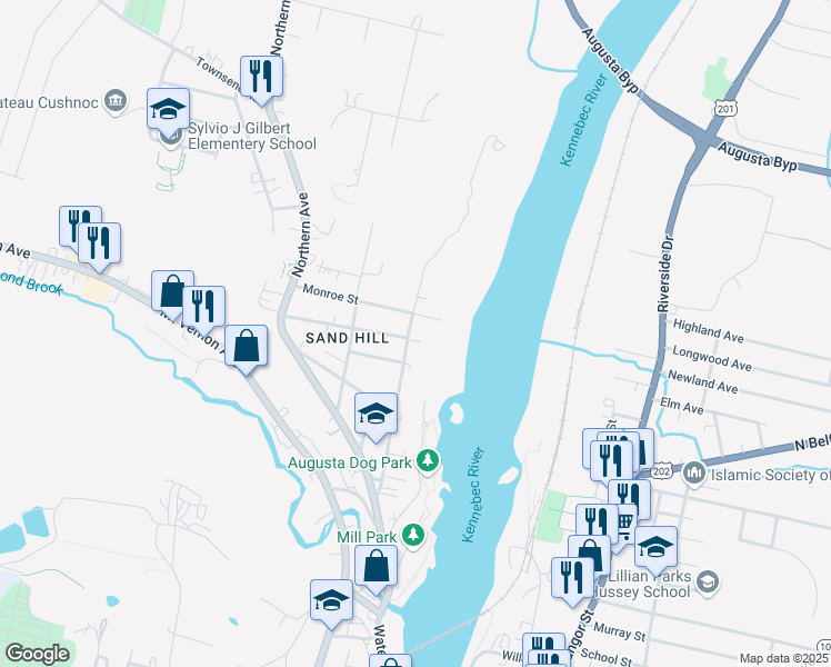 map of restaurants, bars, coffee shops, grocery stores, and more near 80 Washington Street in Augusta