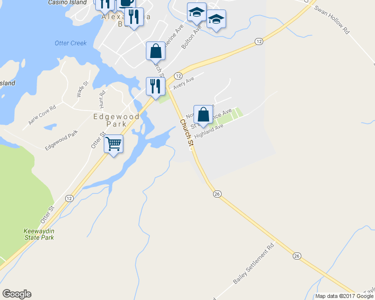 map of restaurants, bars, coffee shops, grocery stores, and more near 146 Church St in Alexandria Bay