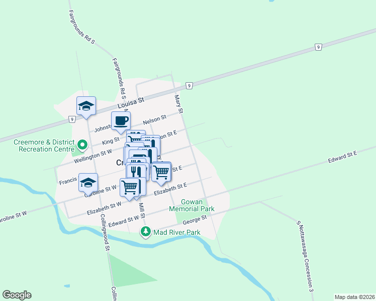 map of restaurants, bars, coffee shops, grocery stores, and more near 39 Francis Street East in Creemore