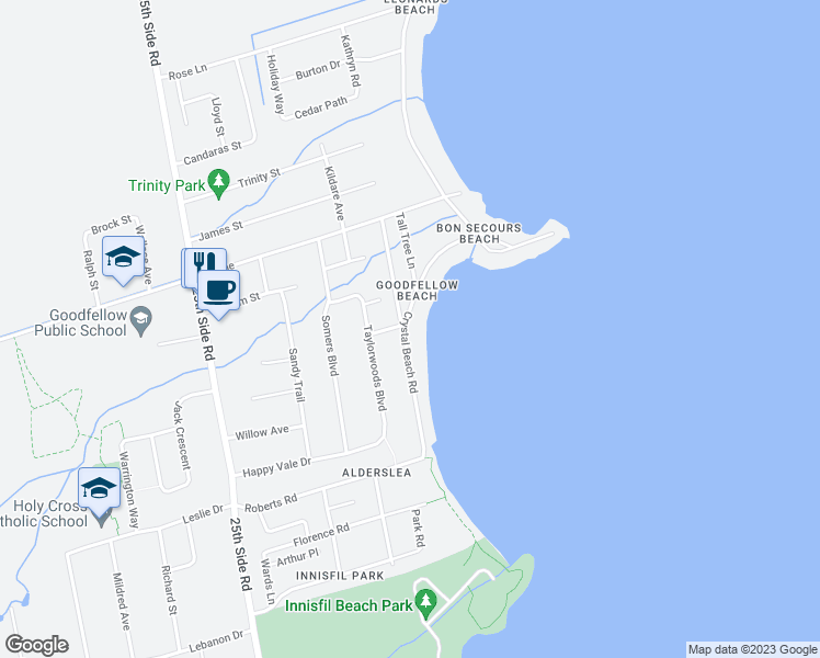 map of restaurants, bars, coffee shops, grocery stores, and more near 2319 Crystal Beach Road in Innisfil