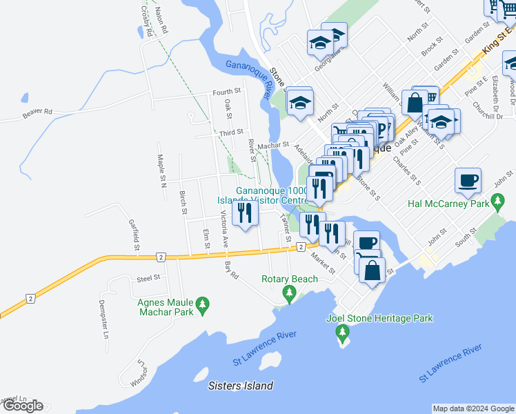 map of restaurants, bars, coffee shops, grocery stores, and more near 110 River Street in Gananoque