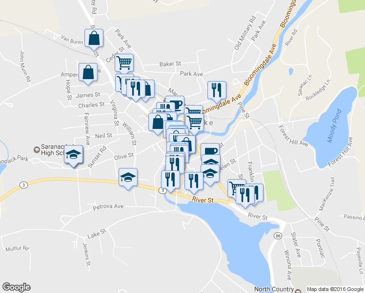 map of restaurants, bars, coffee shops, grocery stores, and more near 28 Broadway Street in Saranac Lake