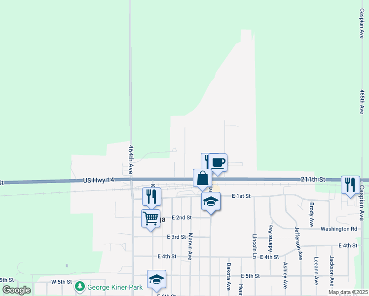 map of restaurants, bars, coffee shops, grocery stores, and more near 298 211th Street in Volga