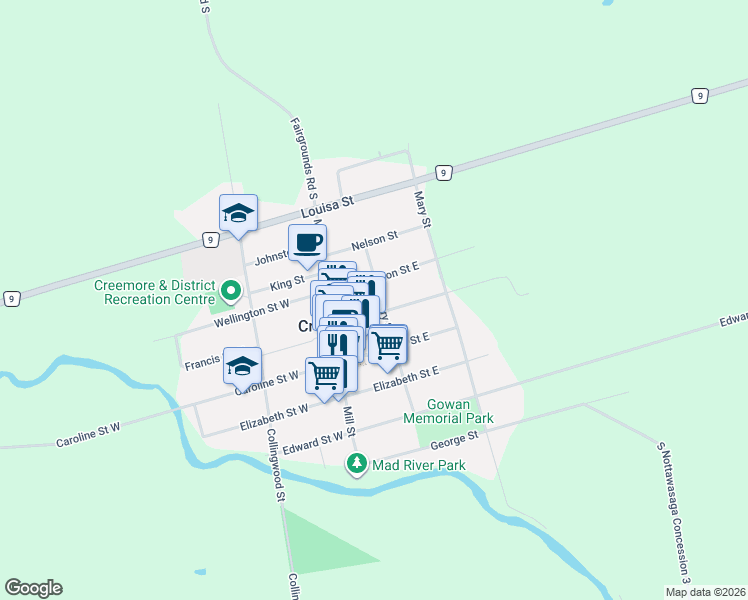 map of restaurants, bars, coffee shops, grocery stores, and more near 192 Library Street in Creemore
